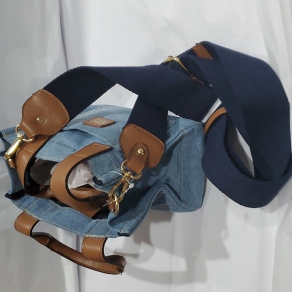 C&C California blue denim square top handle crossbody bag with brown handles new - Picture 9 of 16